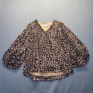 ADRIENNE Women's Blouse size medium,Animal Print,Ballon Sleeve,Lined,V Neck‎
